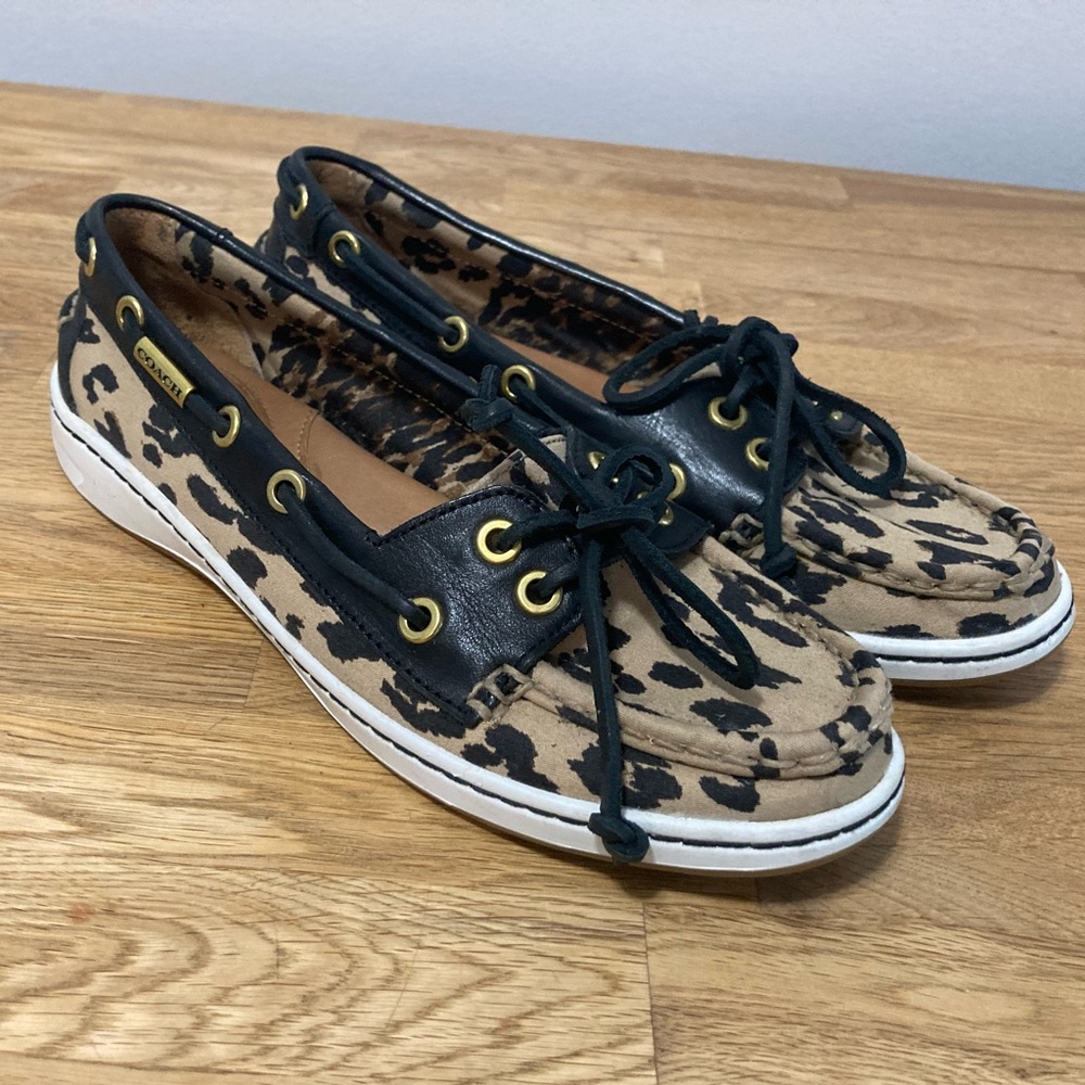 Coach Women's Leopard Print Boat Shoes in Black and Tan